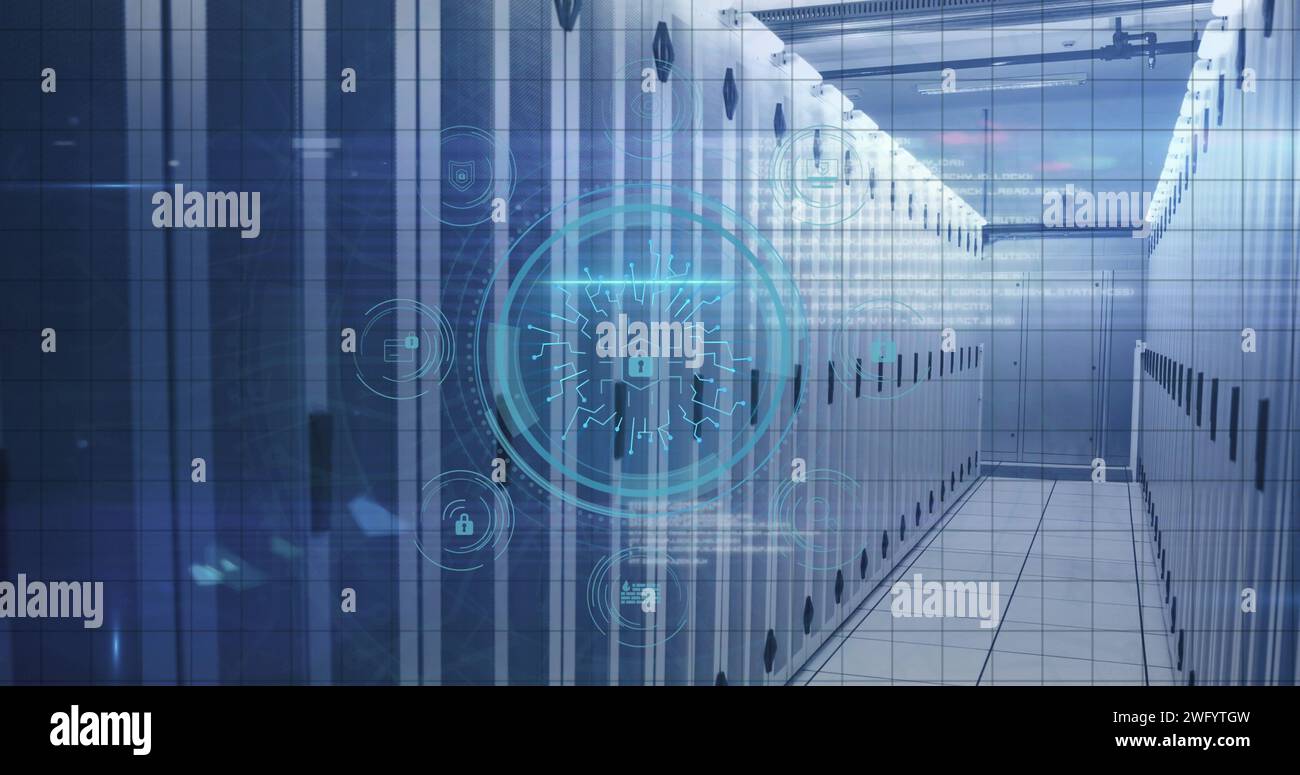 Image of data processing and padlock over server room Stock Photo - Alamy