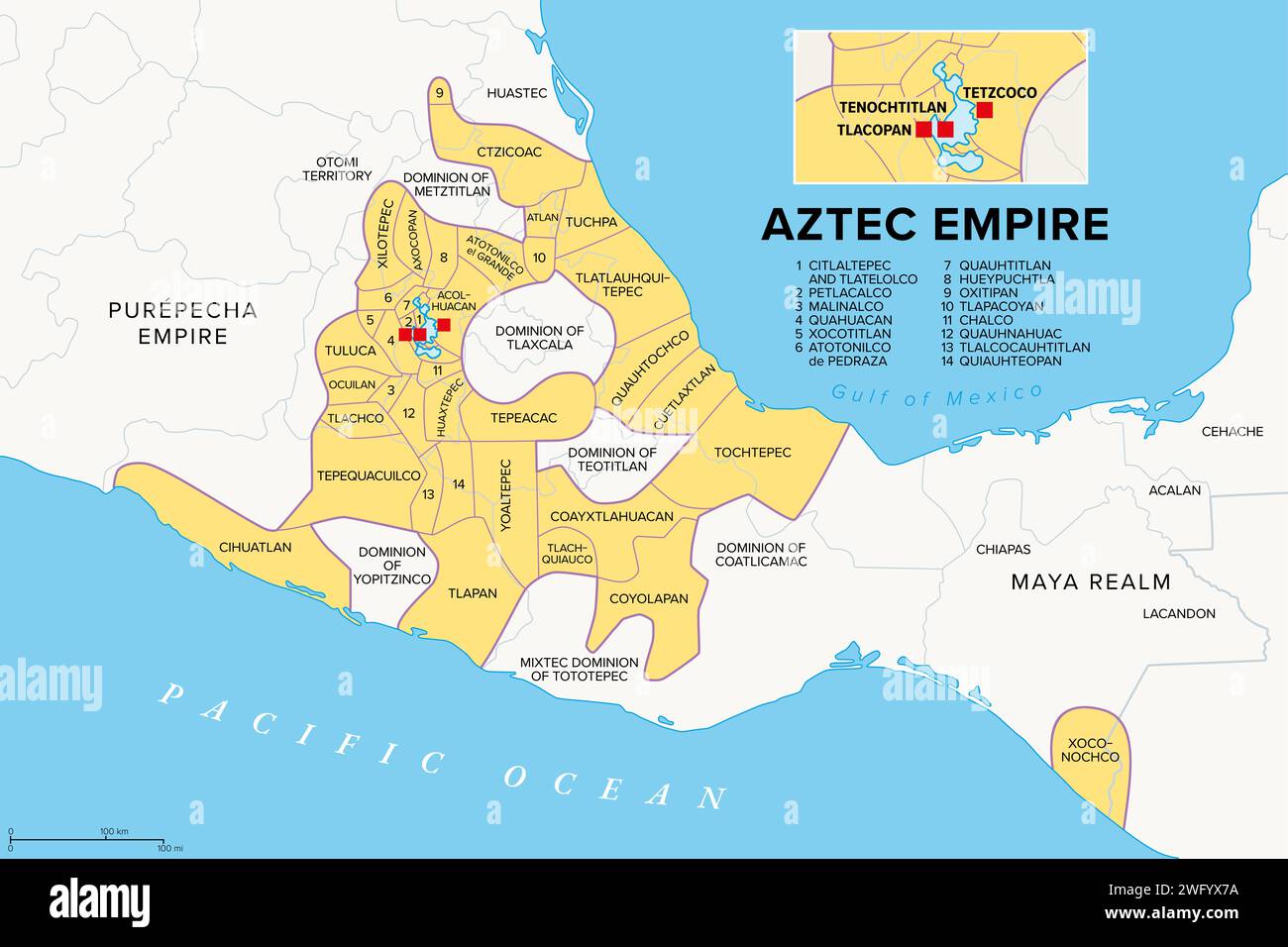 Aztec Empire with tributary provinces, history map. Maximal extent of Triple Alliance Tenochtitlan, Tetzcoco and Tlacopan at the time of Spanish conqu Stock Photo
