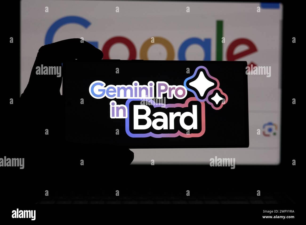 DALLAS, TX USA - FEBRUARY 1, 2024: Cellphone with a Google Gemini Pro in Bard logo. Users can try Gemini Pro in Bard to collaborate with AI Stock Photo