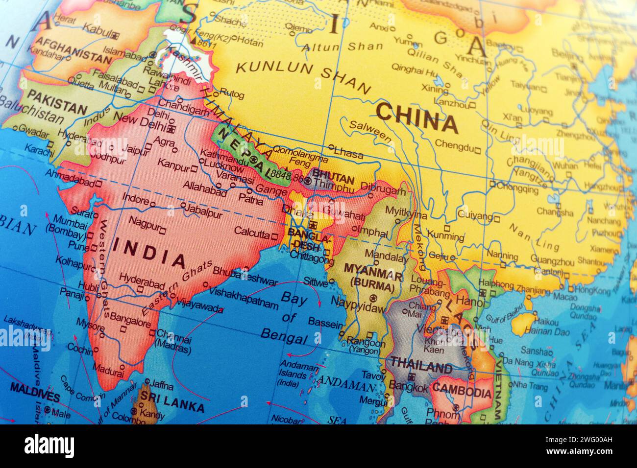 world map of india and china bordering with pakistan nepal and bangladesh Stock Photo