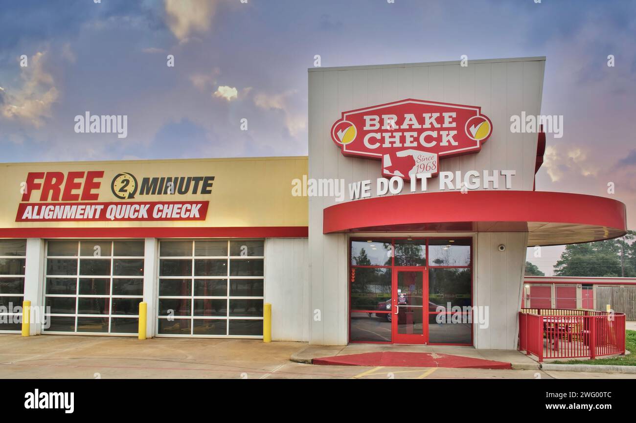 Humble, Texas USA 01-01-2020: Brake Check service center exterior in Humble, TX. Vehicle repair shop chain front view. Stock Photo