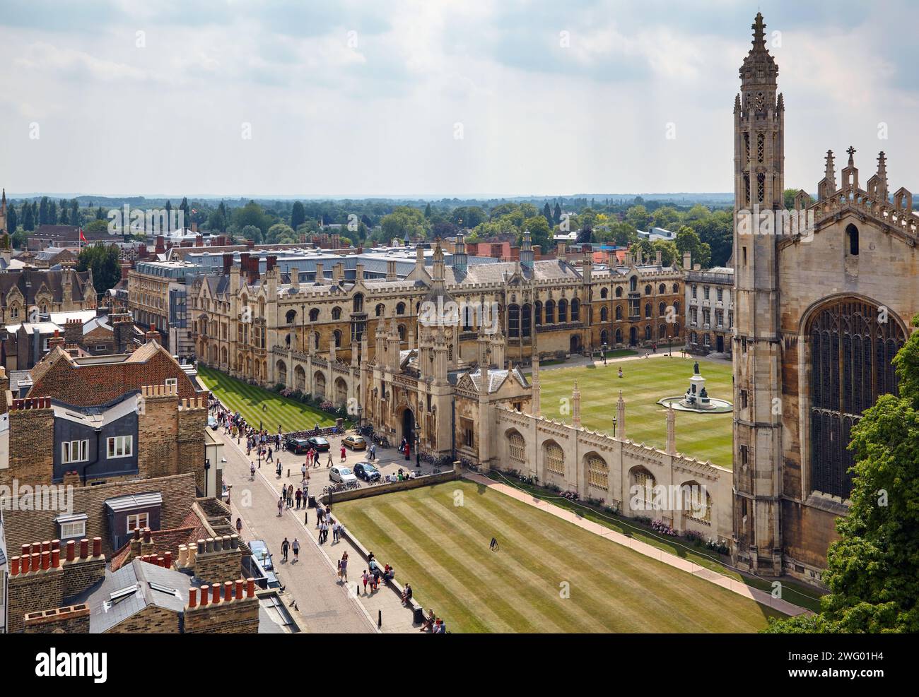 Cambridge, United Kingdom - June 26, 2010: The view of the King's parade, chapel and the front court of King’s College from the tower of St Mary the G Stock Photo