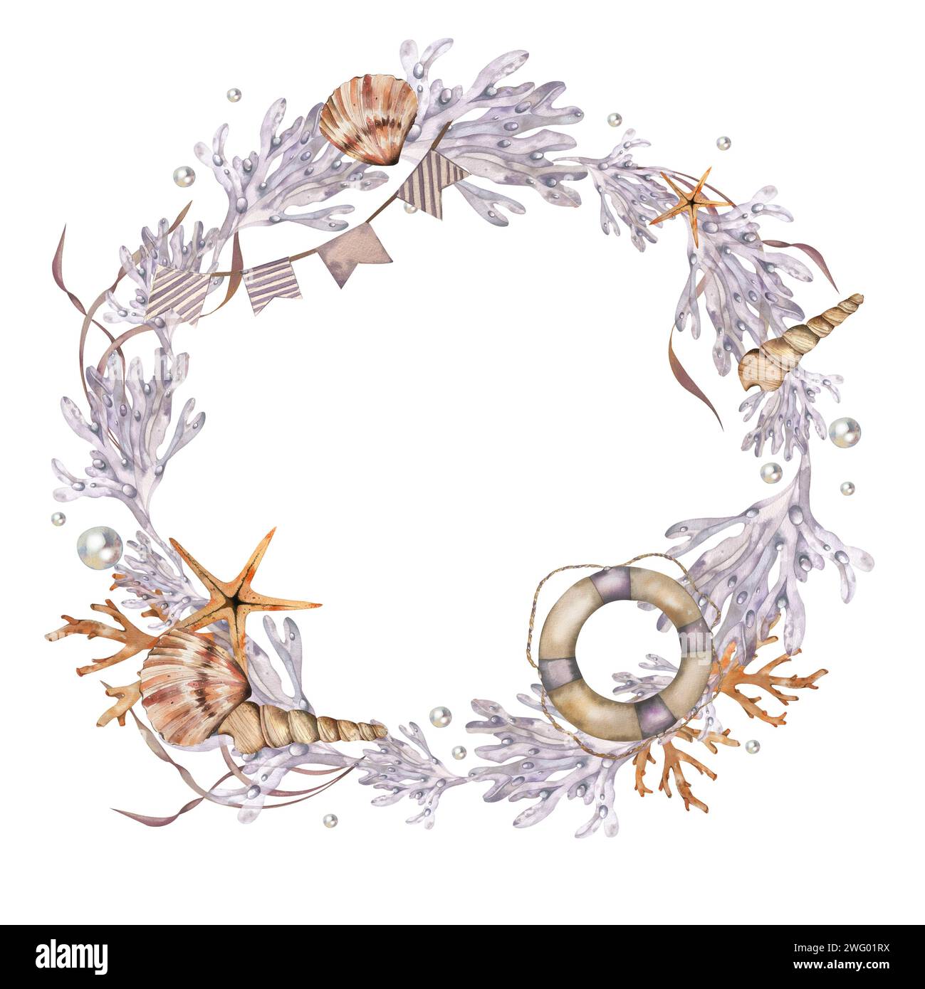 frame is a wreath on a marine theme. shells, corals, starfish, algae ...