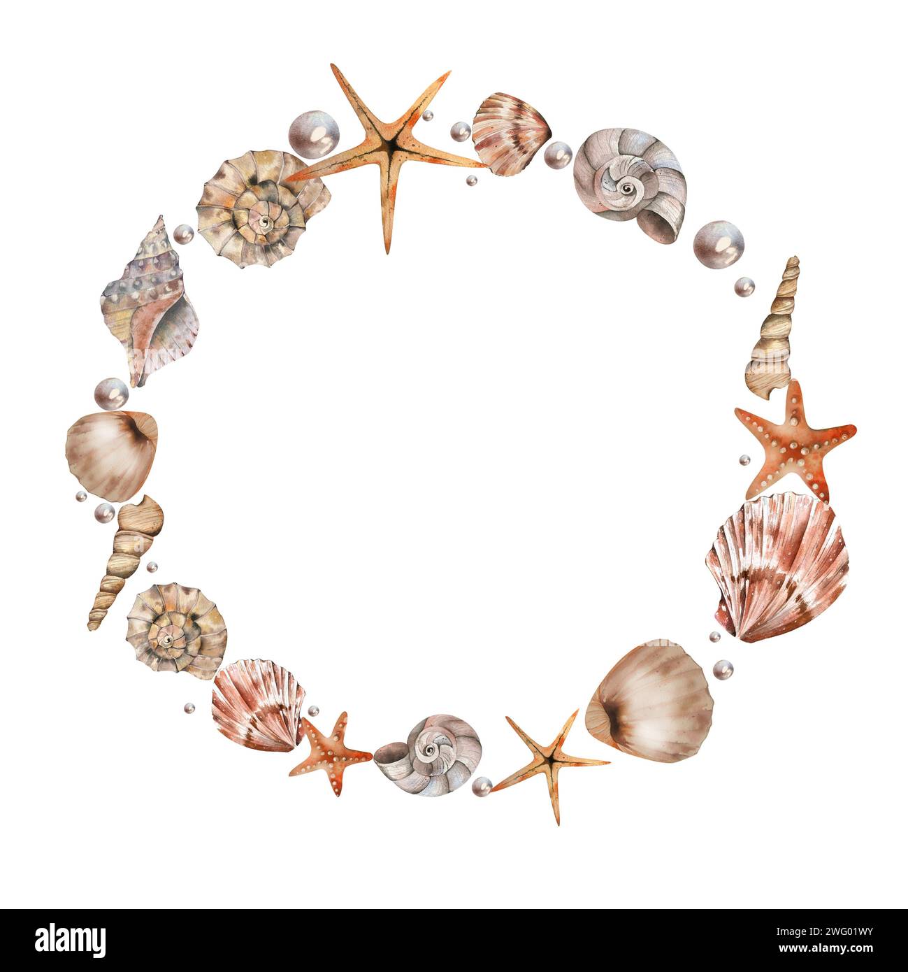 frame is a wreath on a marine theme. shells, corals, starfish, algae ...