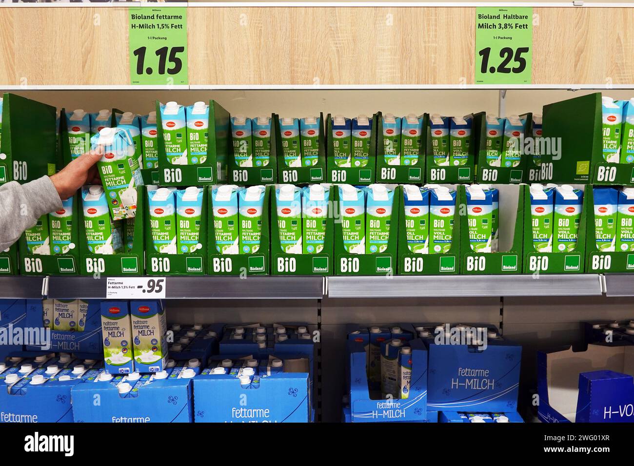 Bio label milk cartons in a store Stock Photo