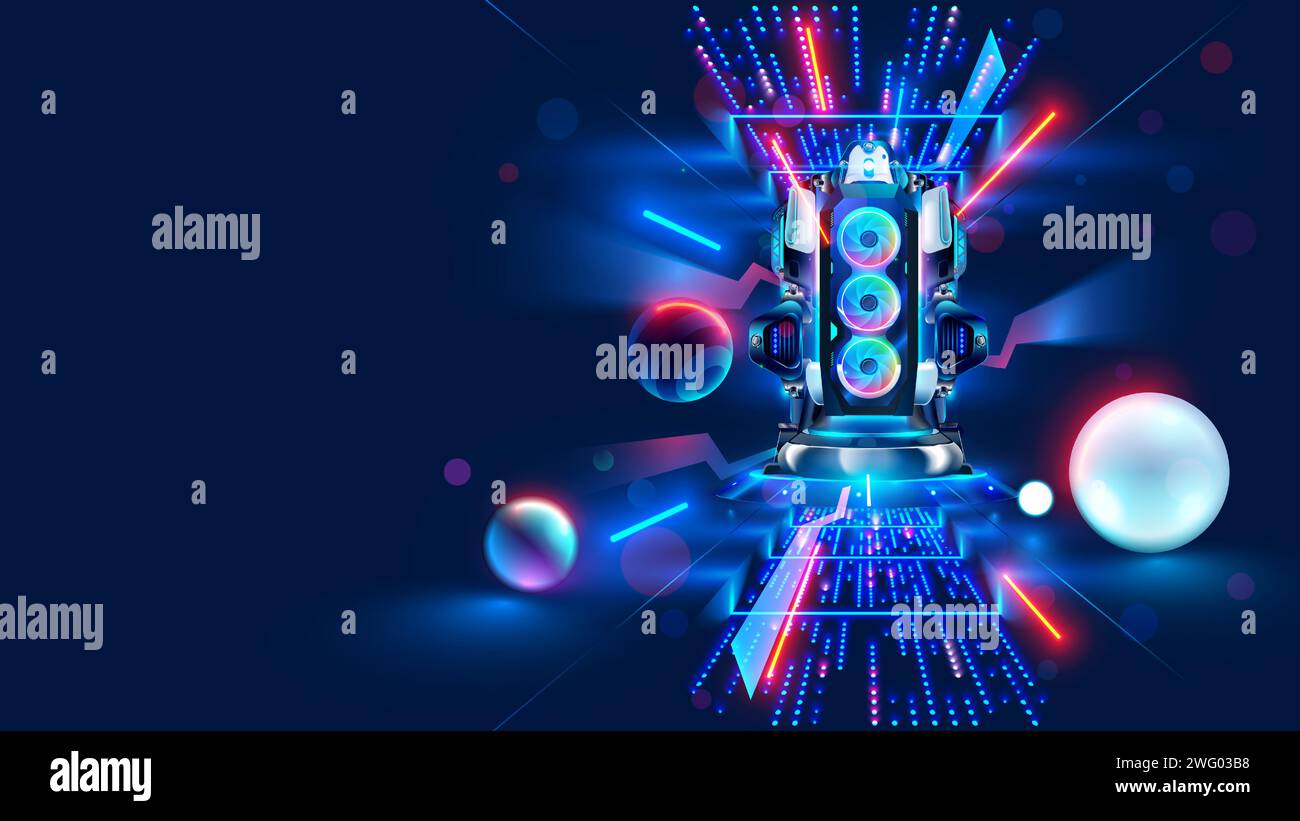 Electronic music party poster template in neon colors. Music speaker with RGB backlight in the dark. Robotic sound system on background of digital ele Stock Vector
