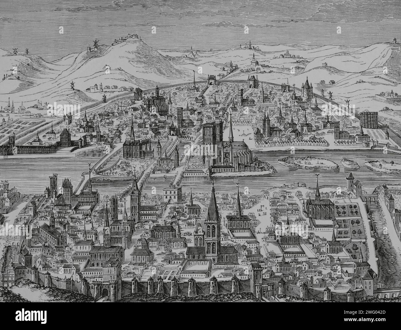 France. Perspective of the city of Paris in 1607. Facsimile pf a