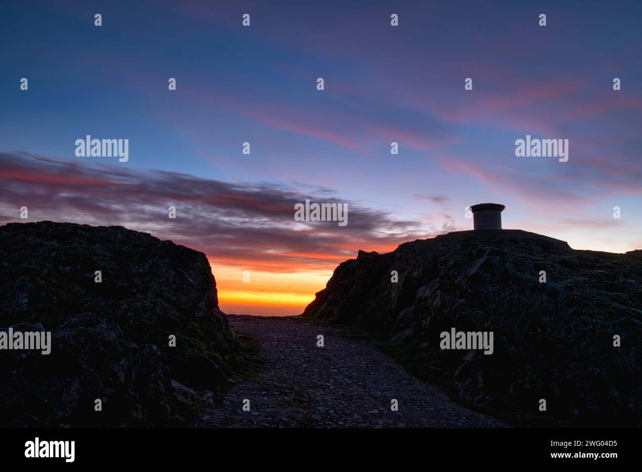 Toposcope on the Worcestershire Beacon at Dawn. Malvern Hills, Worcestershire, England Stock Photo