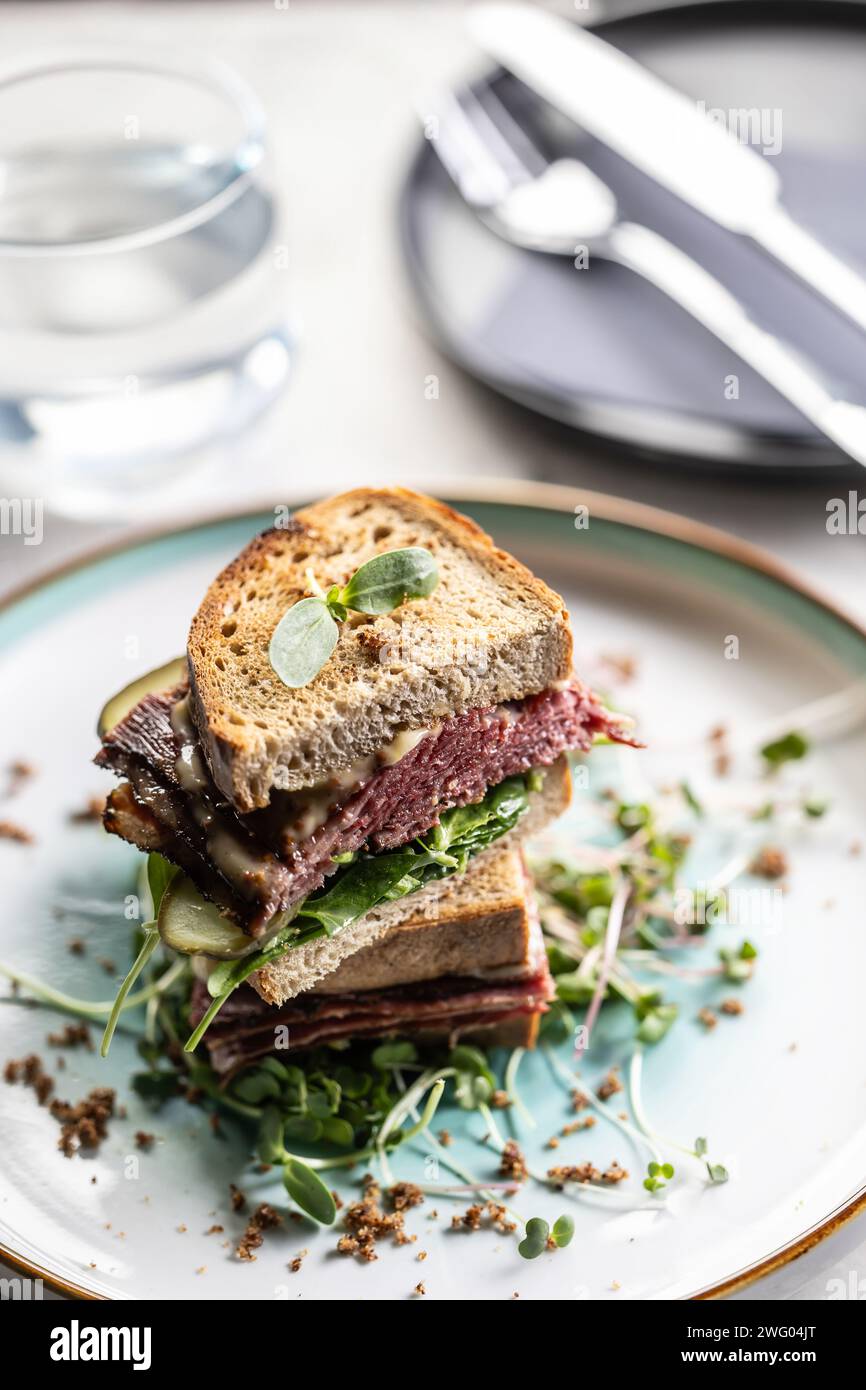 New York sandwich with pastrami, sauce and herbs. Fast food concept