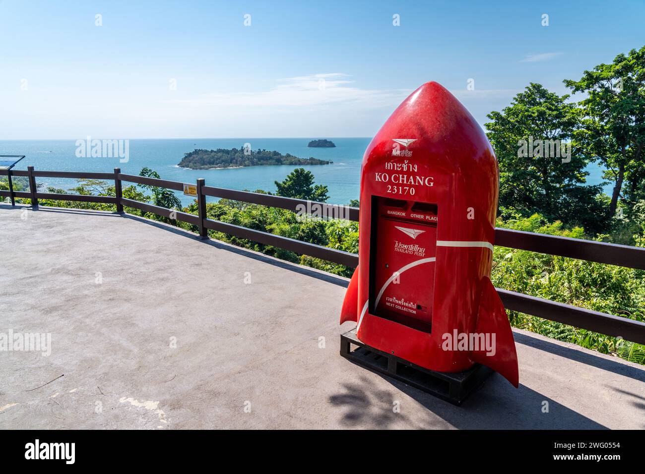 Koh Chang, Trad, Thailand - January 25, 2024 - Red post box in rocket shape standing at the ocean view point on Koh Chang island in Trad, Thailand Stock Photo
