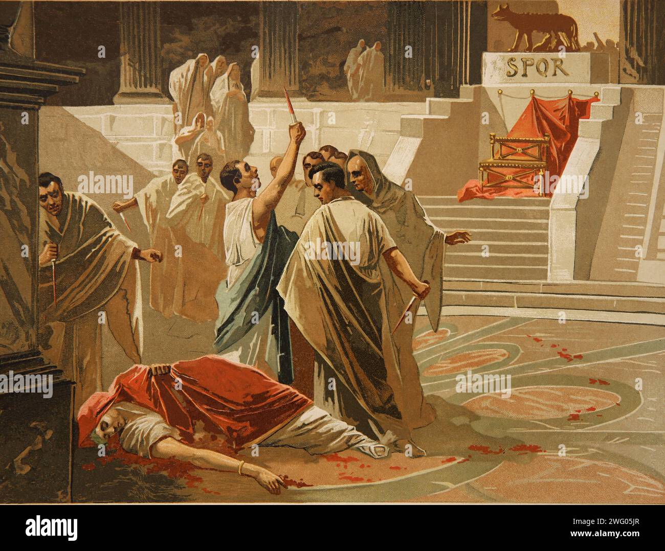 Rome. Curia of Pompey. Assassination of Julius Caesar by a group of senatores, 44 BC. 'Historia de Europa en el siglo XVIII' by Emilio Castelar. Volum Stock Photo