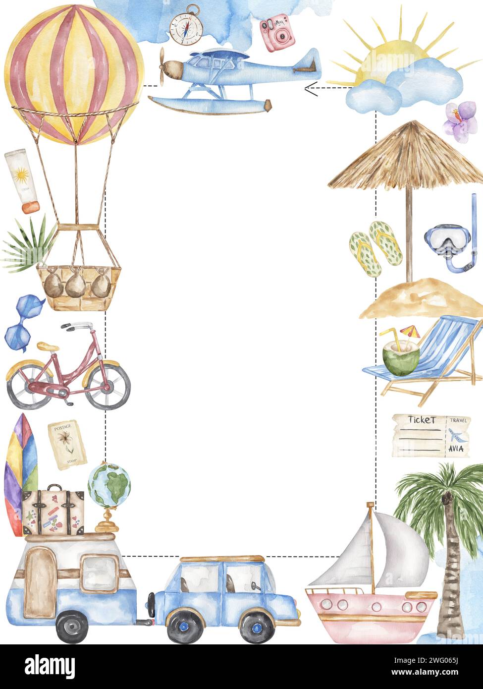 Travel Frame Model Travel watercolor frame with car, airplane, suitcases, camera, map, air ...