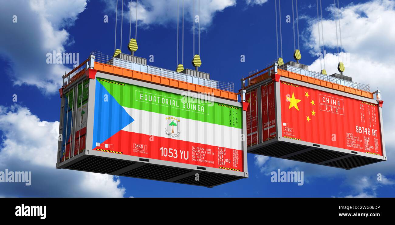 Shipping containers with flags of Equatorial Guinea and China - 3D