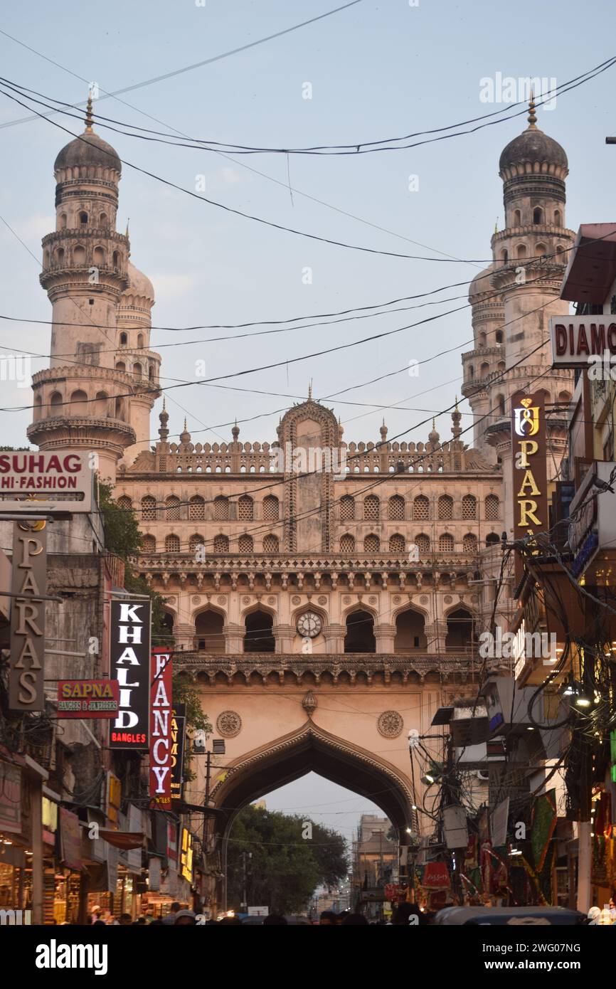 A view of Charminar, Hyderabad from a food market street. India Stock Photo