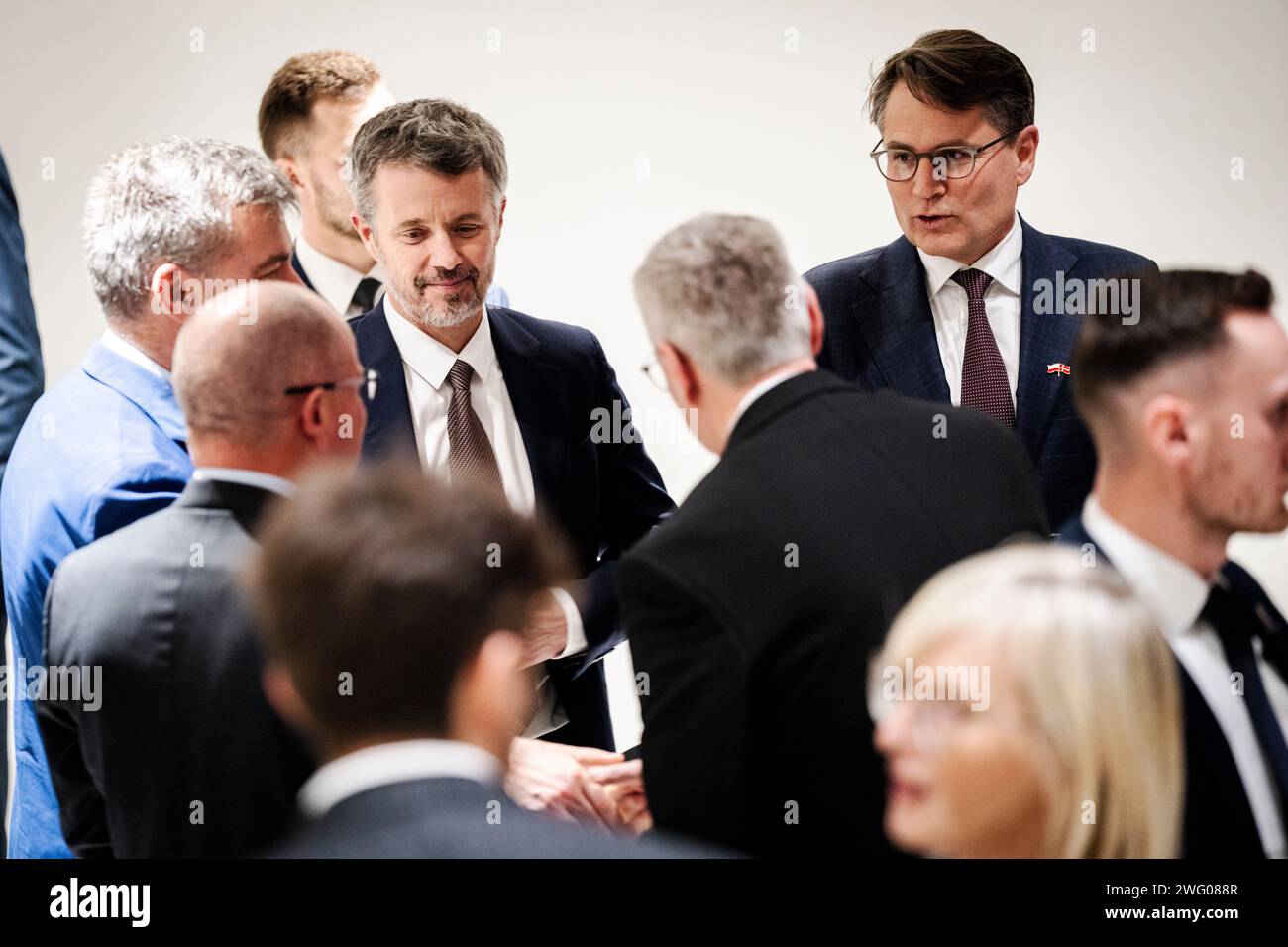 King Frederik X and Brian Mikkelsen, CEO of Danish Chamber of Commerce (R) at a reception with Danish and Polish companies in the Mieczyslaw Karlowicz Philharmonic in Szczecin, Poland, Thursday, February 1, 2024. The King is on official business promotion in Poland 30 January to 2 February with programs in both the capital Warsaw and the port city Szczecin. The visit focuses on green energy and agriculture and during the visit His Majesty will be accompanied by the Minister for Foreign Affairs, the Minister for Food and the Minister for Climate, Energy and Supply. (Photo: Ida Marie Odgaard/Sca Stock Photo