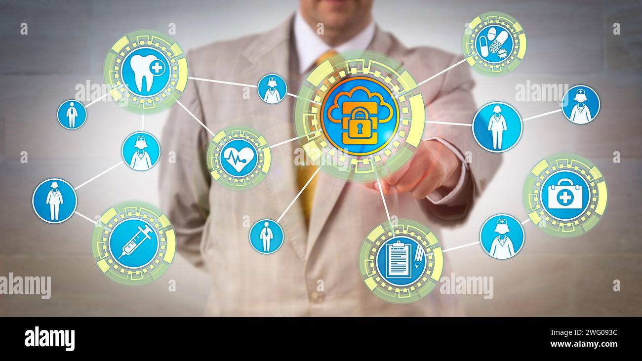 Unrecognizable medical administrator accessing electronic health records via secure network connection. Healthcare information technology concept for Stock Photo