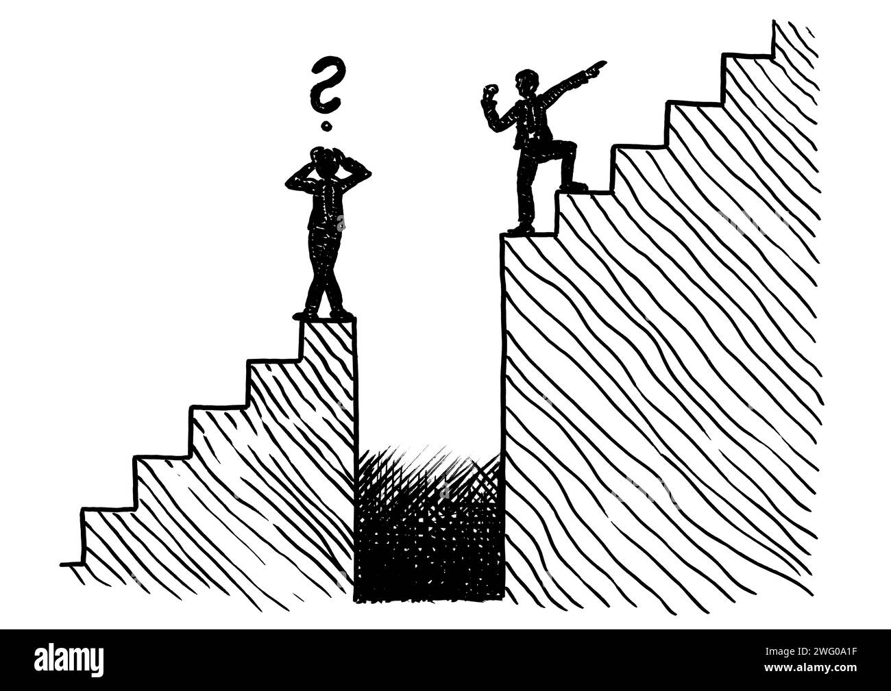 Hand drawn line art sketch of manager showing a puzzled colleague the way to the top. Business metaphor for encouragement, leadership, obstacle, path Stock Photo