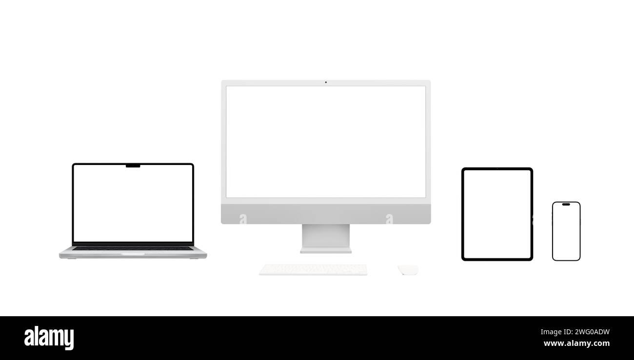 Modern computer devices, including computer display, laptop, tablet, and smartphone, showcase various screen resolutions for app or web page presentat Stock Photo