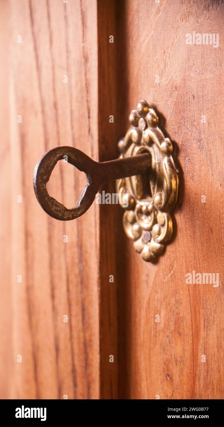 Brass key lock in wooden cuboard Stock Photo