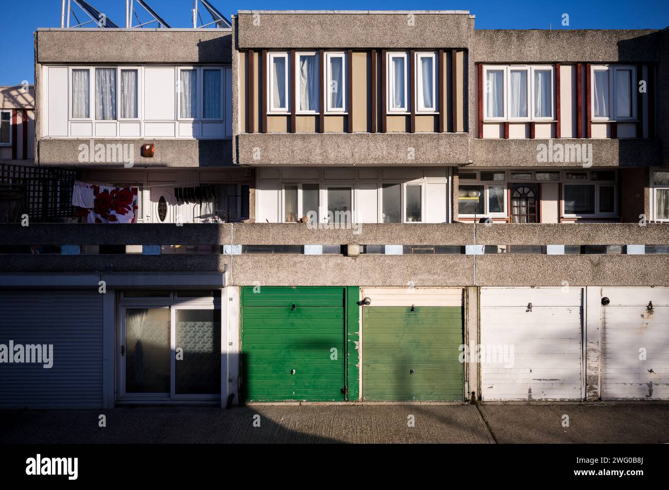 A maisonette on Lensbury Way SE2, part of the Lesnes Estate in Thamesmead, a brutalist estate built in 1967, due to be demolished and redeveloped. Stock Photo