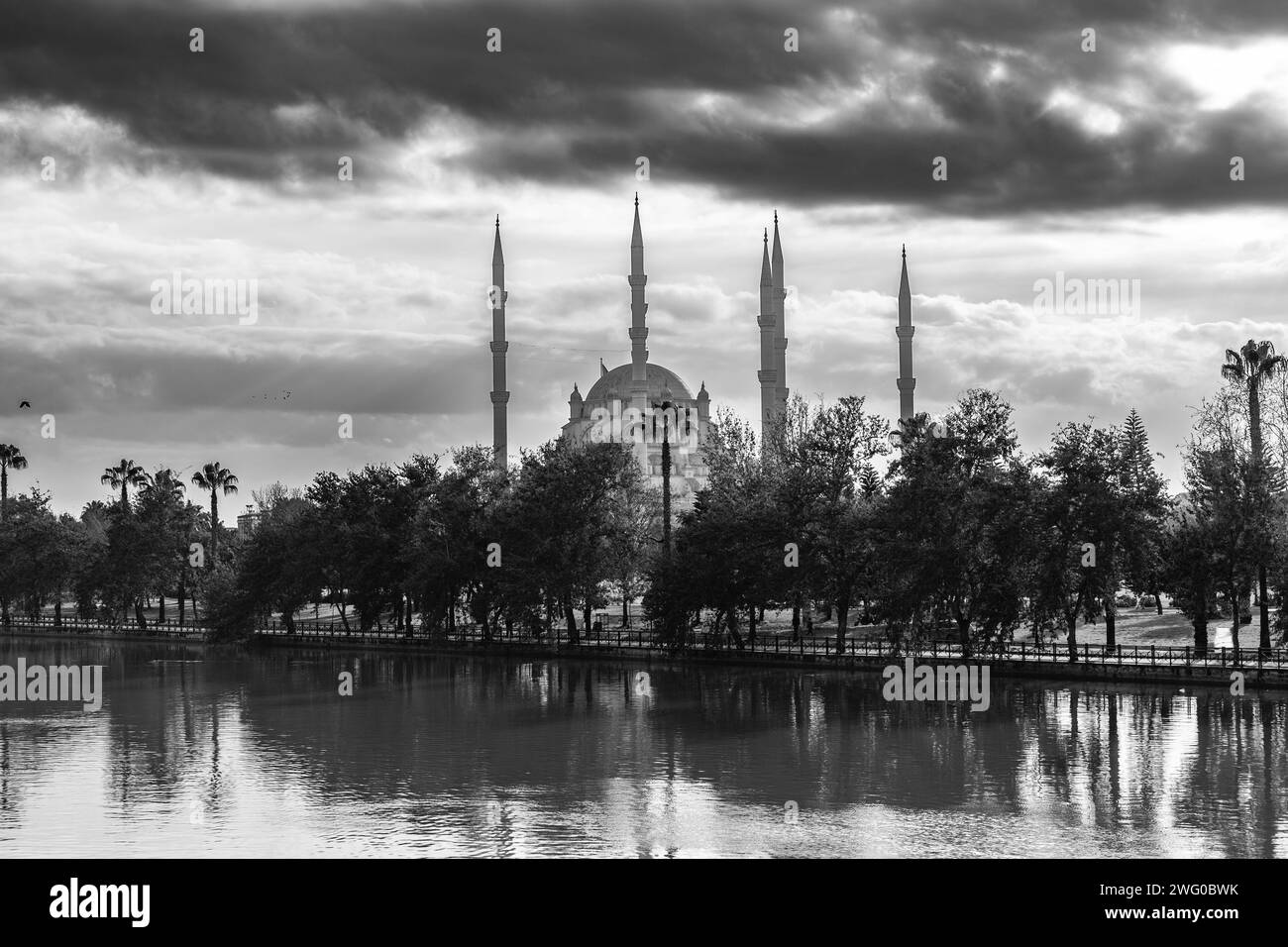The Sabanci Central Mosque in Adana,  located along the Seyhan River, Turkiye. Opened in 1988. Stock Photo