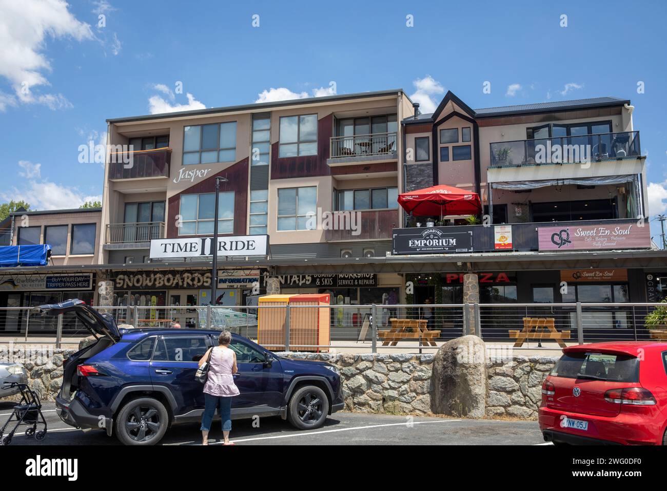 Jindabyne town centre in regional NSW, local shops and stores for outdoor activities, Australia,summer 2024 Stock Photo