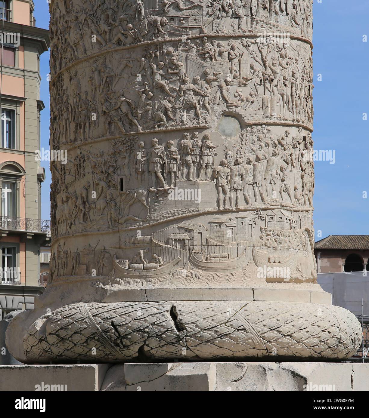 Italy. Rome. Trajan's Column. Roman triumphal column. Detail of spiral bas relief of the Dacian Wars (2nd century). Stock Photo