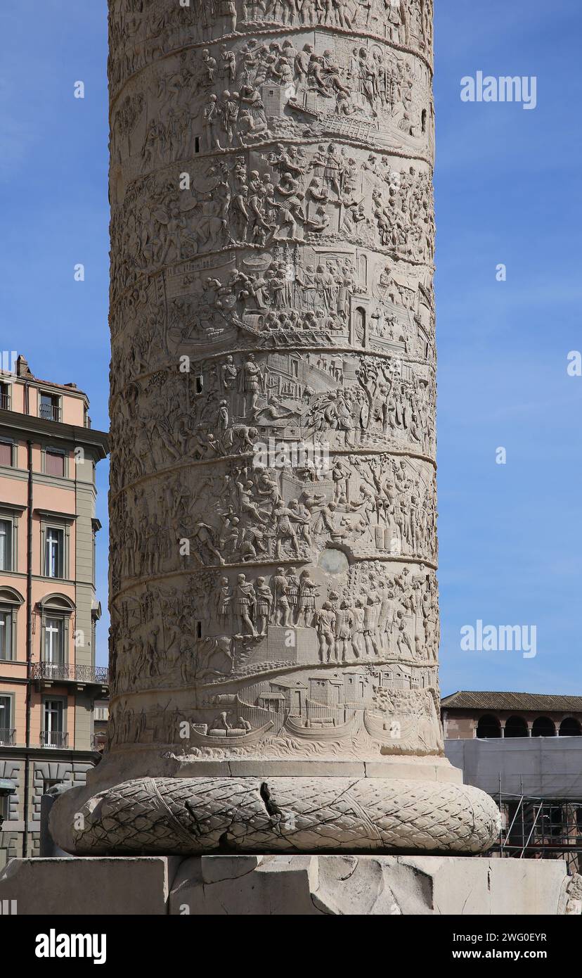 Italy. Rome. Trajan's Column. Roman triumphal column. Detail of spiral ...