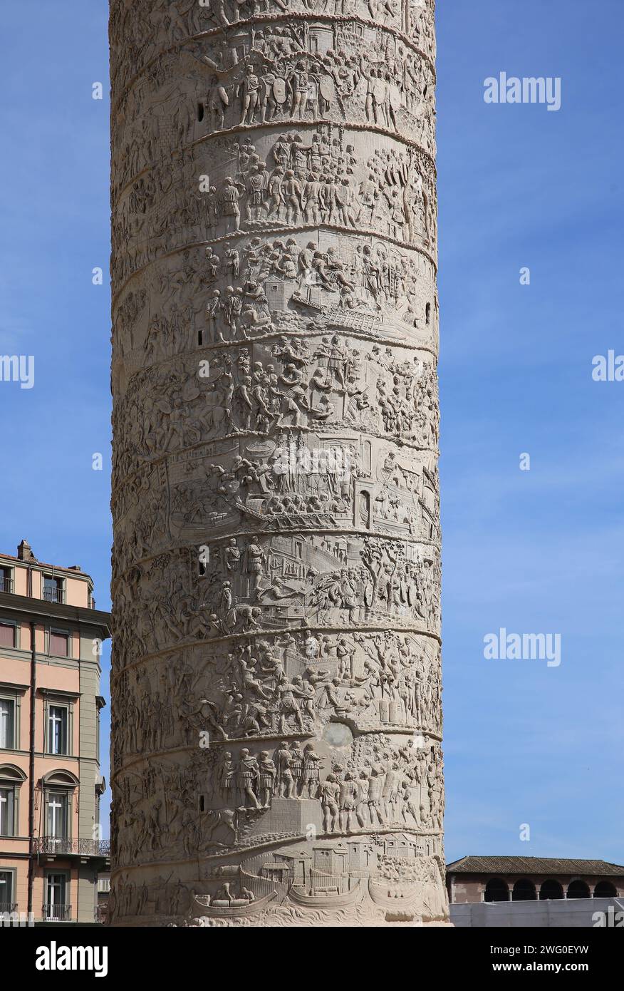 Italy. Rome. Trajan's Column. Roman triumphal column. Detail of spiral bas relief of the Dacian Wars (2nd century). Stock Photo