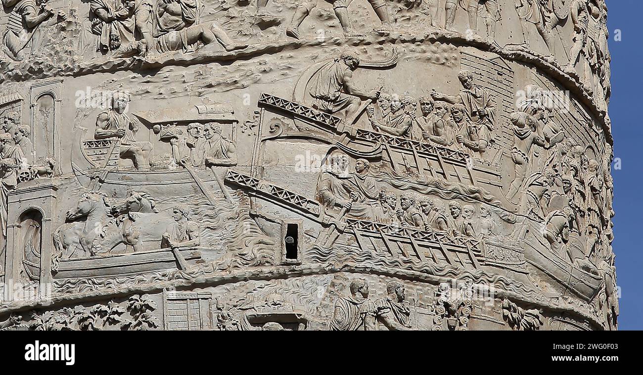 Italy. Rome. Trajan's Column. Roman triumphal column. Detail of spiral bas relief of the Dacian Wars (2nd century). Stock Photo