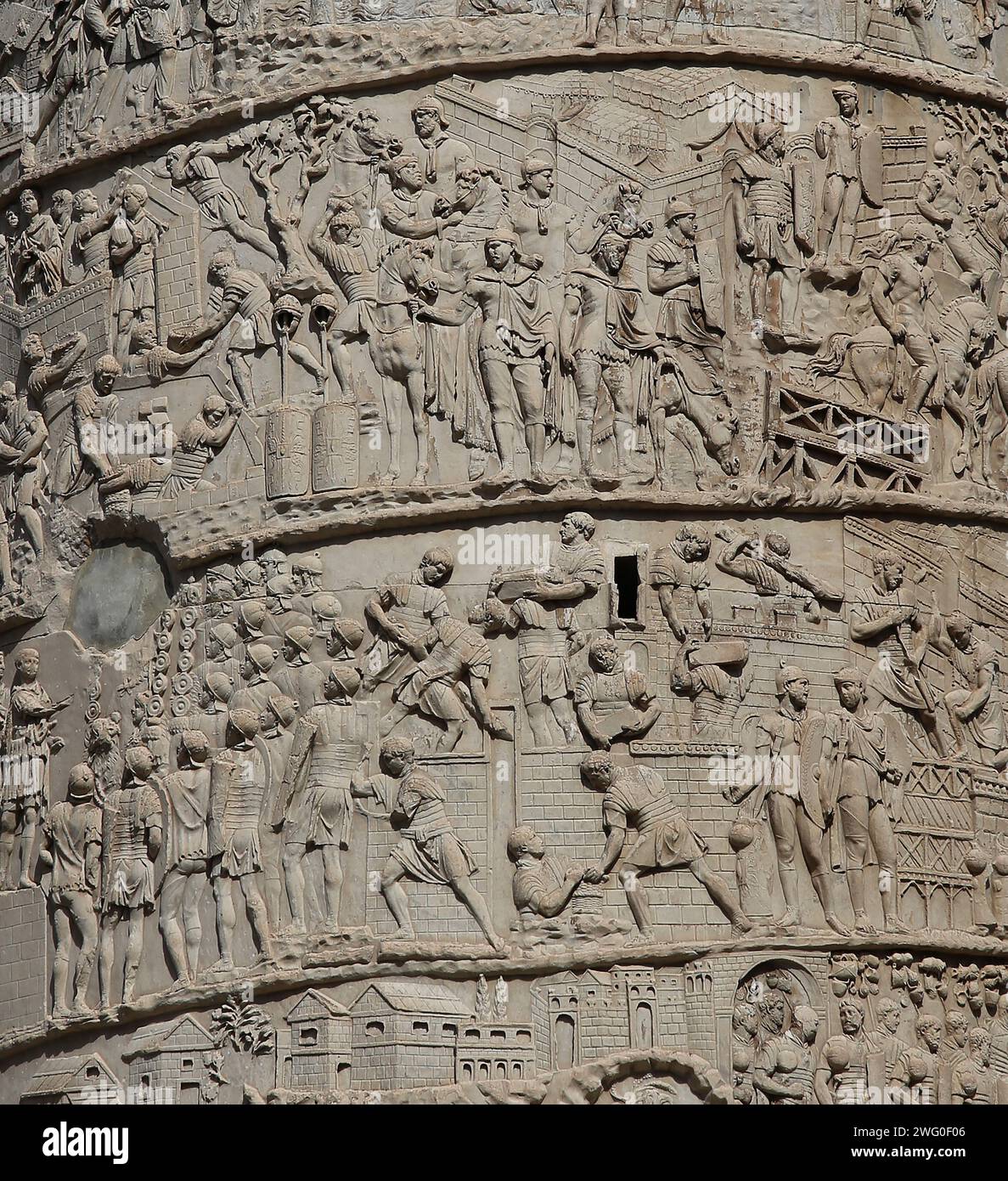 Italy. Rome. Trajan's Column. Roman triumphal column. Detail of spiral bas relief of the Dacian Wars (2nd century). Stock Photo