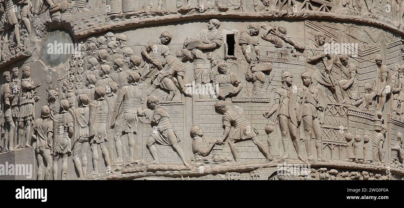 Italy. Rome. Trajan's Column. Roman triumphal column. Detail of spiral bas relief of the Dacian Wars (2nd century). Stock Photo
