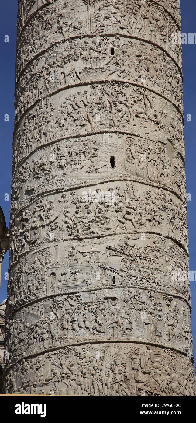 Italy. Rome. Trajan's Column. Roman triumphal column. Detail of spiral bas relief of the Dacian Wars (2nd century). Stock Photo