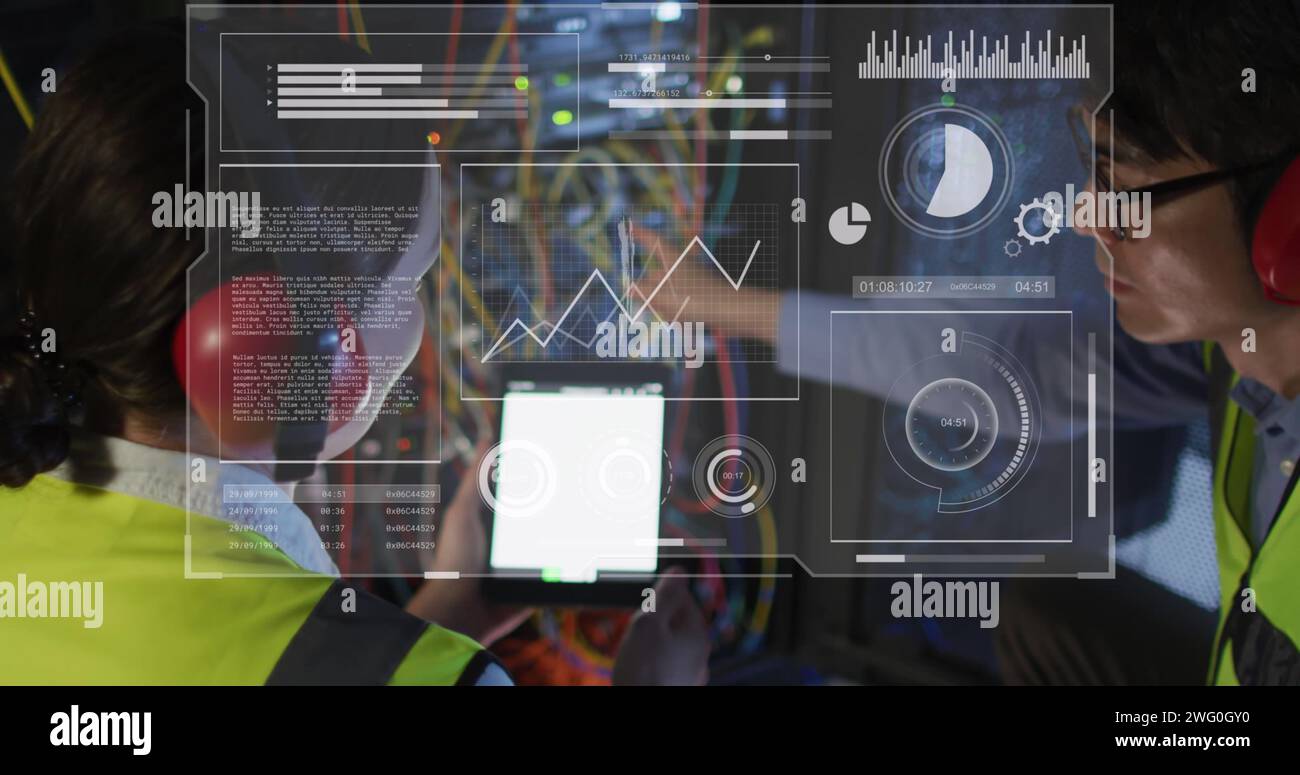Image of data processing on screens over diverse woman and man checking ...