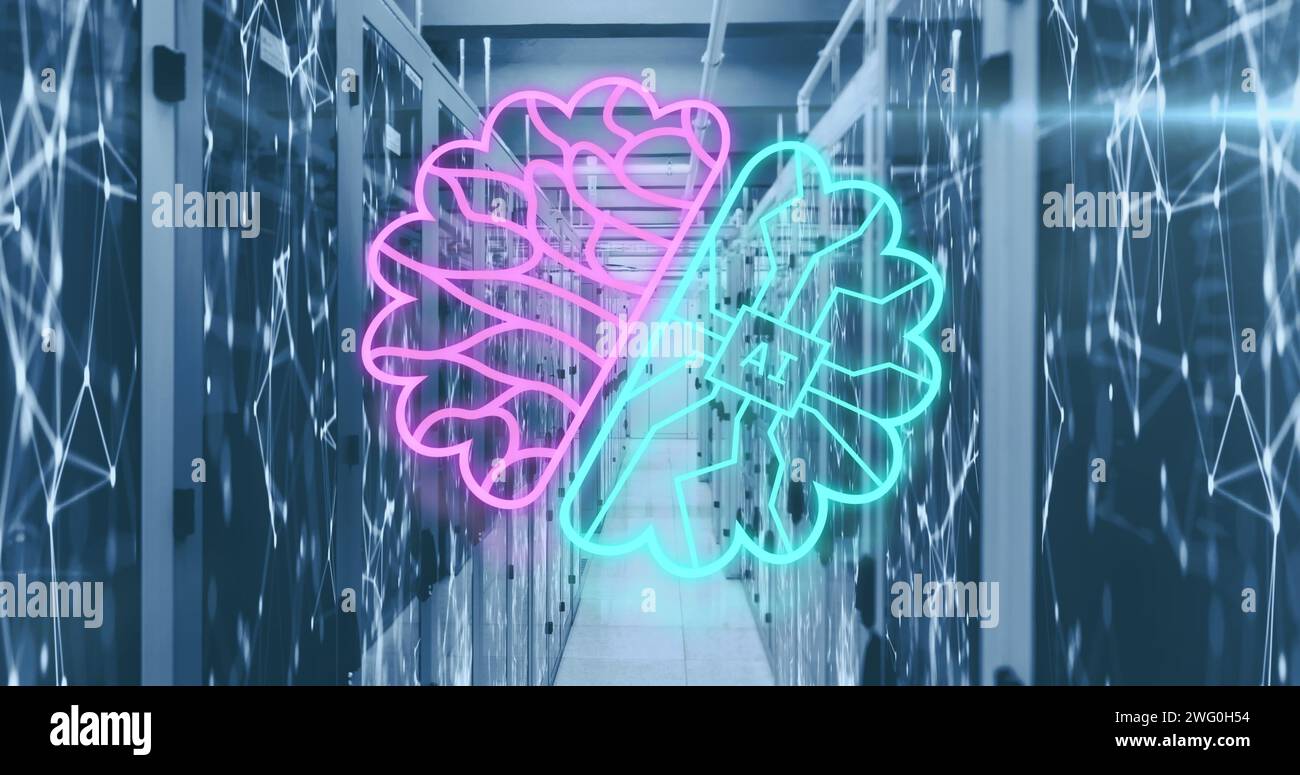 Image of ai data processing and networks over computer server room ...