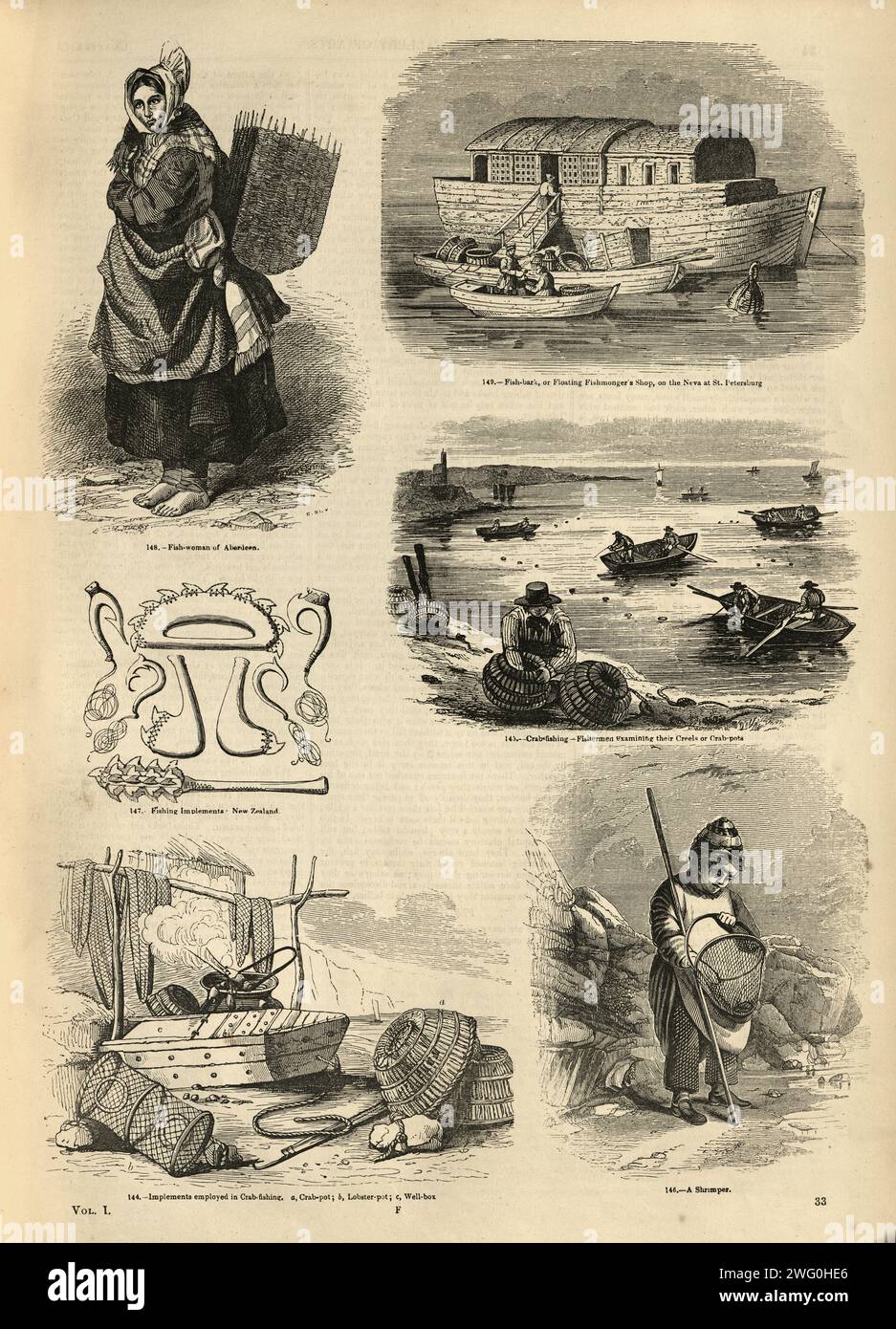 Page of vintage illustration to do with fishing industry, 1850s, Victorian history 19th Century Stock Photo