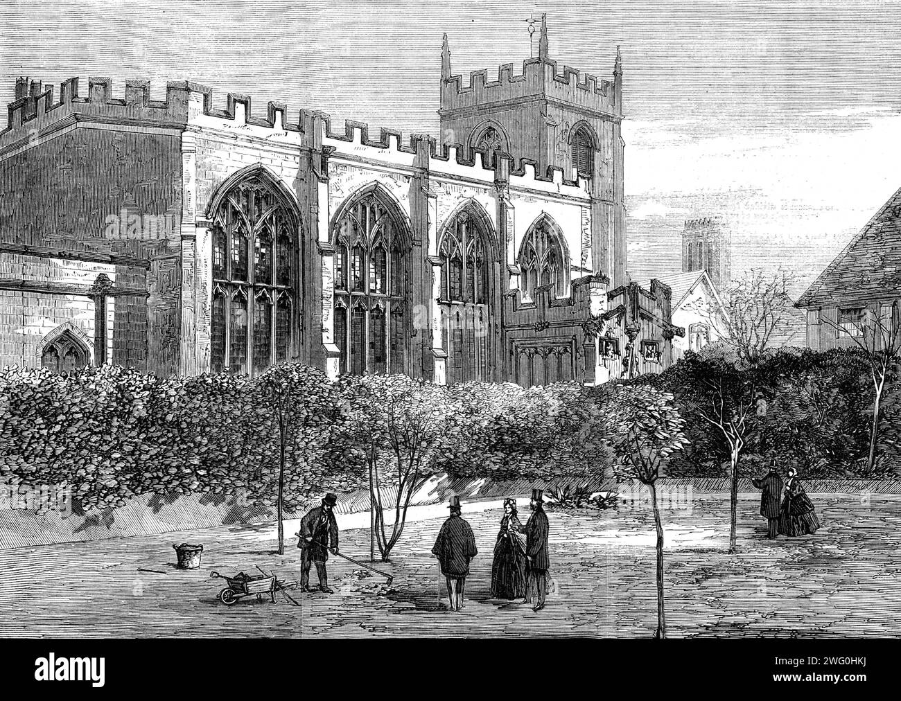 Shakspeare's Garden and the Old Guild Chapel, Stratford-on-Avon, 1862. View of '...the Great Garden of New Place...The entire property, formerly the gardens attached to New Place, proposed to be bought by the Shakspeare Fund, contains nearly an acre of ground...New Place itself, the house, was the corner house at the end of Chapel-street. It was the end of a row of houses, with no front garden, and its site was on the right-hand side of the garden here represented in the Engraving. The old Guild Chapel is almost the only building at Stratford in exactly the same state as it was in Shakspeare's Stock Photo
