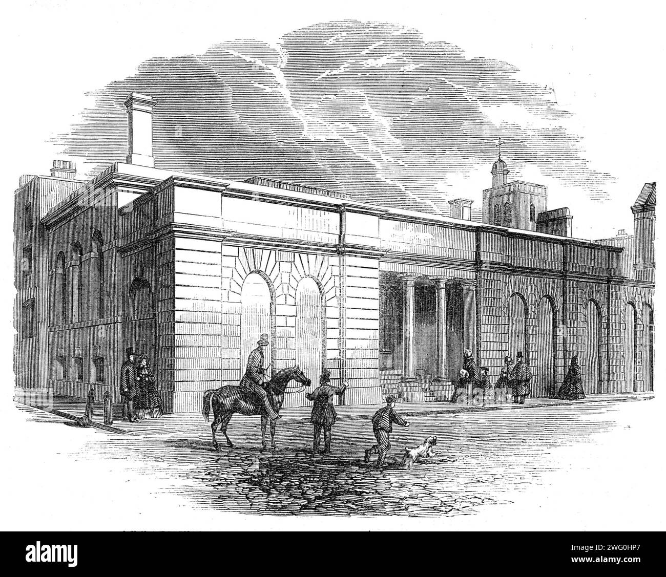 New Receiving Room at St. Bartholomew's Hospital, West Smithfield, [London], 1862. The '...new hall or receiving-room...is seen externally as a continuation of the facade of the original front...The approach to this hall is by a short colonnade...From this colonnade there are two doors of exit and entrance - one for males, the other for females. On entering this unpretending portal or portals, we are struck with the immense size of the room, its dimensions being nearly 100ft. long and about 35ft. wide. In this hall the public are permitted to receive medical and surgical aid without introducti Stock Photo