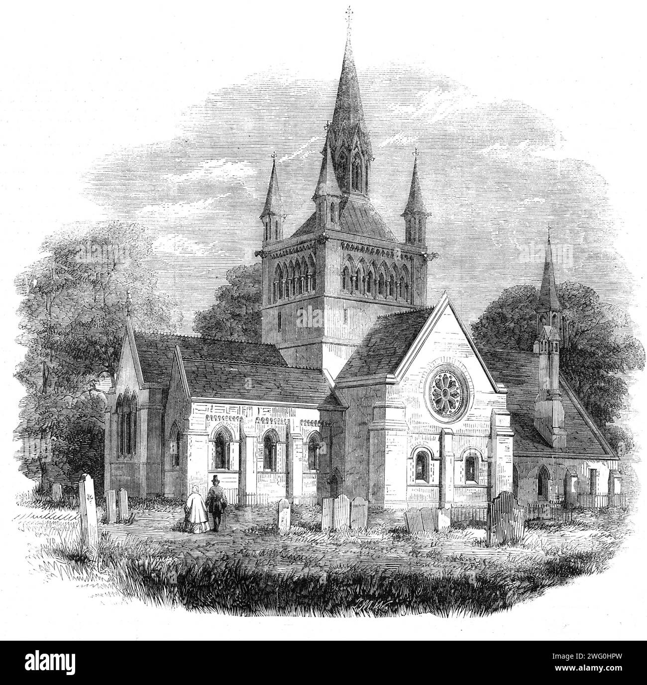 Whippingham Church, near Osborne, Isle of Wight, 1862. 'Since the adoption of Osborne House as a marine residence by the Queen her Majesty has been accustomed to attend Divine service in the parish church of Whippingham, the nearest place of worship. A new church has been in process of construction, and it is announced that on Sunday last his Royal Highness the Prince of Wales and Princess Alice attended Divine service therein...the foundation-stone was laid by her Majesty on the 29th of May. The present structure was erected from designs by and under the superintendence of Mr. T. [sic] Humber Stock Photo
