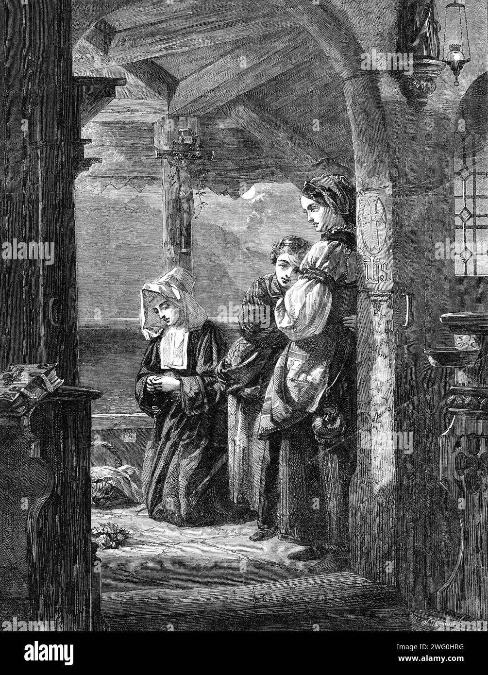&quot;The Convent Shrine&quot; by Frank Wyburd, in the Gallery of the British Institution, 1862. Engraving of a painting. 'This is a charming and picturesque little composition, imbued with that pious and romantic character which Mr, Wyburd loves to deal with. In an ancient convent of rude structure a nun is kneeling, telling her beads before the shrine of a saint; two other young females, whose faces denote a reverential and serious turn of thought, completing the group. &quot;And the hymn of the nuns was heard the while, Sung low in the dim, mysterious aisle&quot;. The shrine is lighted by a Stock Photo