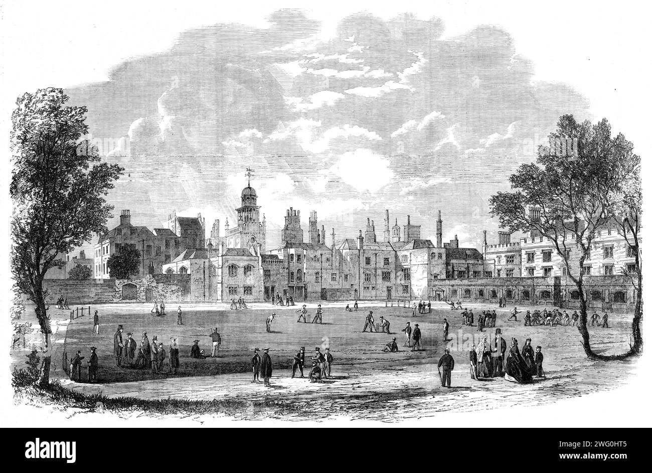 The Great Schools of England - Charterhouse from the Green, 1862. Charterhouse, a public school, was founded by Thomas Sutton in London in 1611 on the site of a Carthusian monastery. It was moved to its present site in Godalming, Surrey, in 1872. From &quot;Illustrated London News&quot;, 1862. Stock Photo