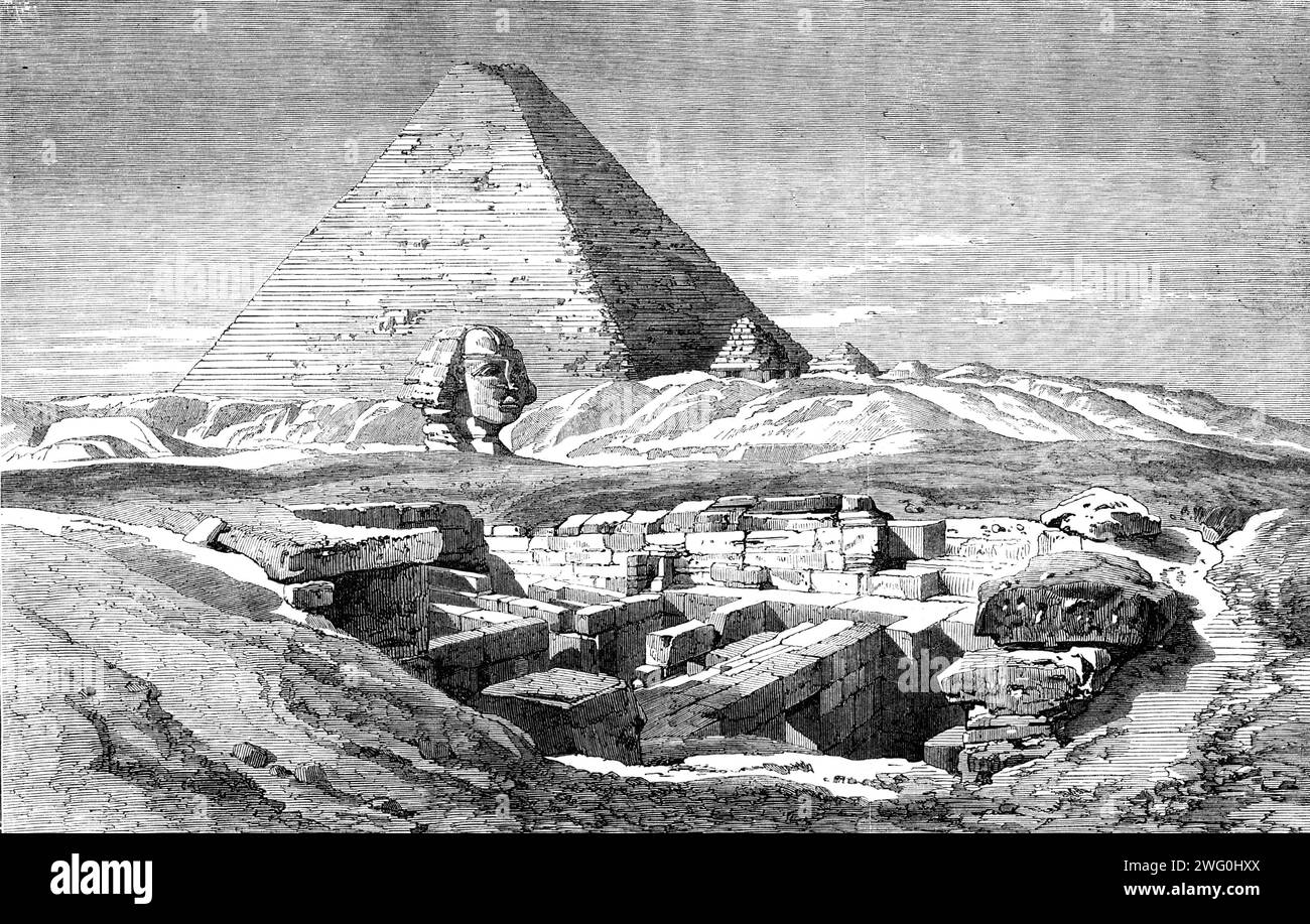 The Prince of Wales' Visit to Egypt: the Sphinx at Djizeh and the recent excavations around it - from a drawing by Frank Dillon, 1862. The future King Edward VII in Africa. 'The Egyptian sphinxes are lions without wings...The largest of the existing sphinxes is that of Djizeh...which is hewn cut of the rock, and is of the enormous dimensions of 143ft. in length and 62ft. in height in front. The greater part of it is covered with sand, above which little more than the head and shoulders are visible. Some excavations of an extensive character are, however, in operation, as shown in our Engraving Stock Photo