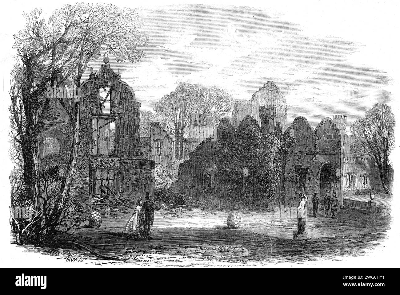 The late fire at Campden House [Kensington]: view of the garden front, showing the remains of the theatre, 1862. 'On the morning of Sunday week...a fire broke out at Campden House, and in the course of a few hours left nothing standing but the shattered walls...Two hundred and fifty years have passed since Sir Baptist Hickes, a wealthy silk mercer, of Cheapside...erected the mansion...the date is said to be about 1612...Princess, afterwards Queen, Anne...resided [here] for some time with her husband, Prince George of Denmark...The Princess made an addition to Campden House at the western, end, Stock Photo