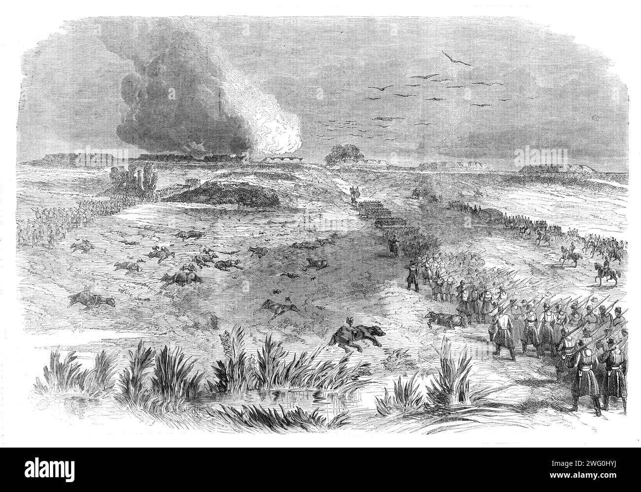 The Civil War in America: Federals advancing on the abandoned Confederate positions at Centreville - from a sketch by our special artist, 1862. 'On the 10th March the advance of the Federal forces on Centreville and Manassas took place - the subject of the Engraving...being the approach of the Union column to the abandoned Confederate works on Centreville heights. Beyond is seen the smoke from one of the numerous burning camps destroyed by the Secessionists on evacuating the positions. Many of the &quot;guns&quot; in the forts were dummies, being nothing more that huge painted logs placed ther Stock Photo
