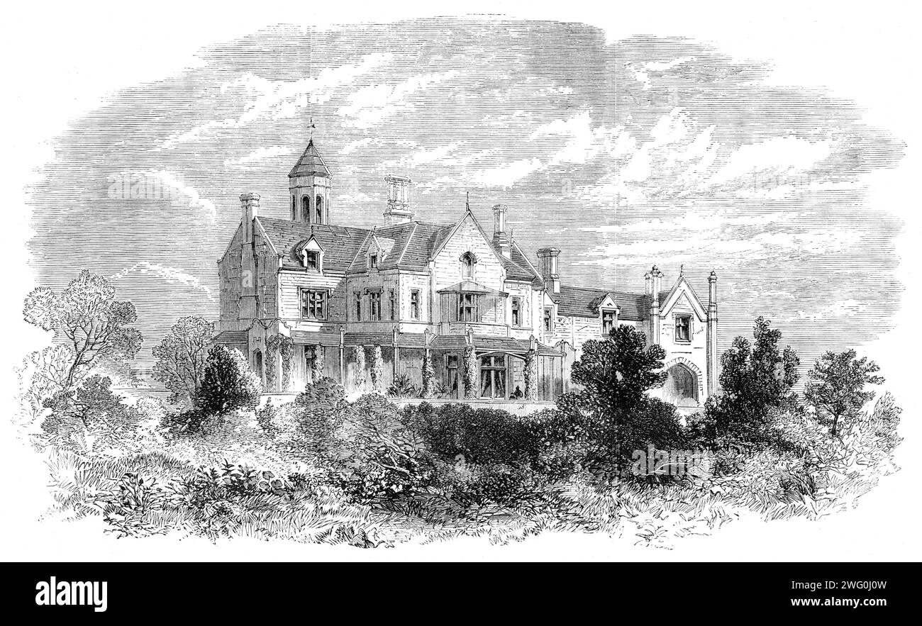 Ashburton House, Stoke's Bay, Gosport, [Hampshire], purchased by government for a college for naval cadets, 1862. Engraving from a photograph by Richard Poate. 'A flight of steps lead to the porch, which gives entry to...rooms of unusual size and height, admirably adapted for mess and school rooms, lecture-hall, and library. The upper story contains thirty bedrooms, capable of giving accommodation at once to one hundred cadets. A large garden...would be amply sufficient to supply the establishment all the year round with fruit and vegetables...beyond low- water mark the nature of the ground wi Stock Photo