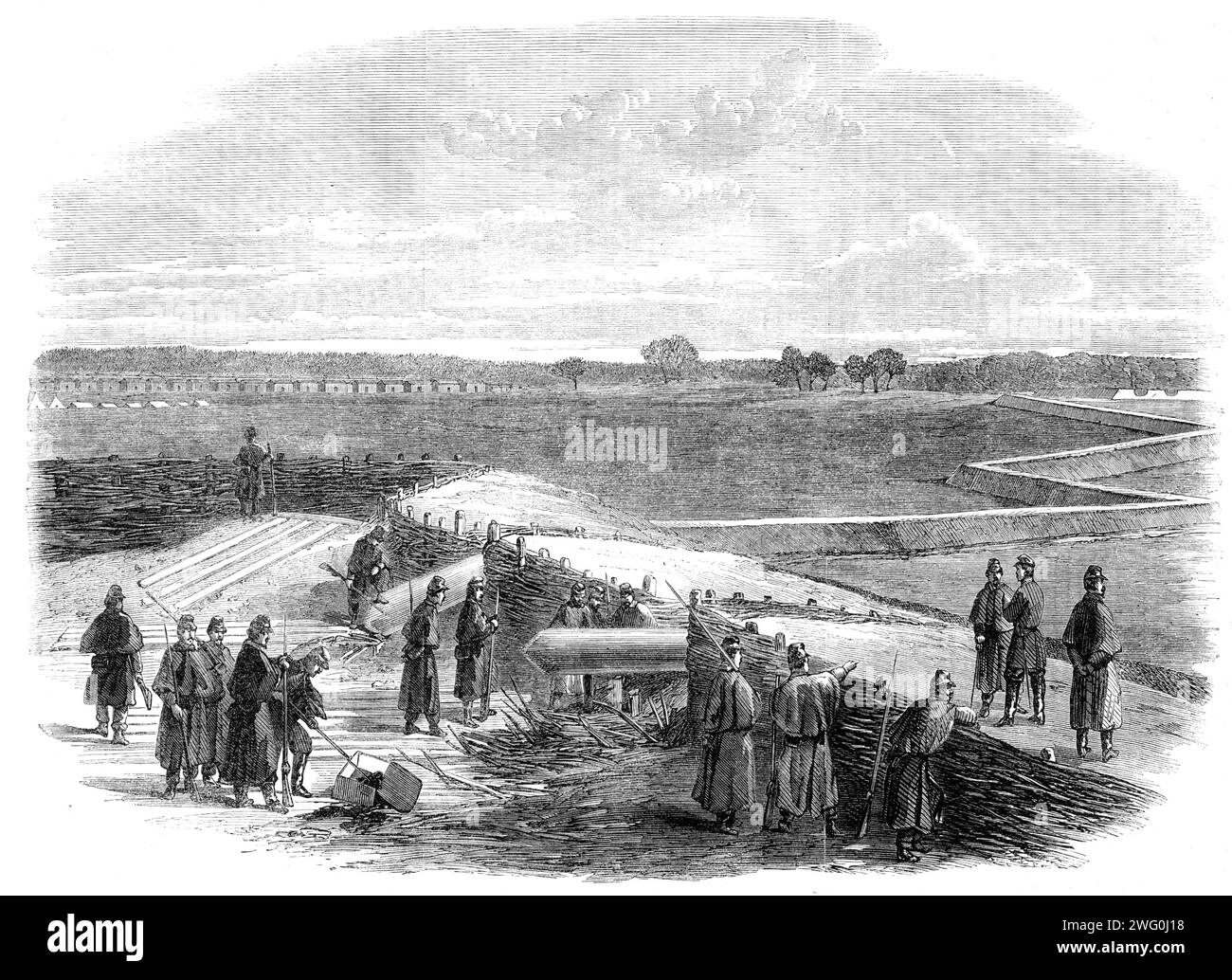 The Civil War in America: a portion of the abandoned Confederate works and camp at Centreville - from a sketch by our special artist, 1862. 'A toIerably good notion of the strength of the Confederate works at Centreville may be obtained from our Engraving...It shows two of the redoubts, with the connecting links of rifle-pits and covered ways which extend along the crests of hills for an immense distance, making the position seemingly impregnable with good troops to hold it. The fortifications at Manassas are nothing in comparison with these. Centreville heights is the place which has held the Stock Photo