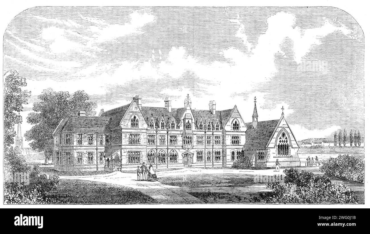 The Godolphin School, Hammersmith, [west London], 1862. 'This school...receives its name from William and Elizabeth Godolphin, who...left a considerable sum of money for educational purposes...The annual charge for day scholars is only &#xa3;8...the school was located at Hammersmith, there being up to that time no public grammar-school either in Hammersmith itself or in the adjacent districts of Fulham, Chiswick, and Notting-hill...in June last the Lord Bishop of London laid the first stone of the building...which will be opened after the Midsummer holidays. It will afford excellent accommodat Stock Photo