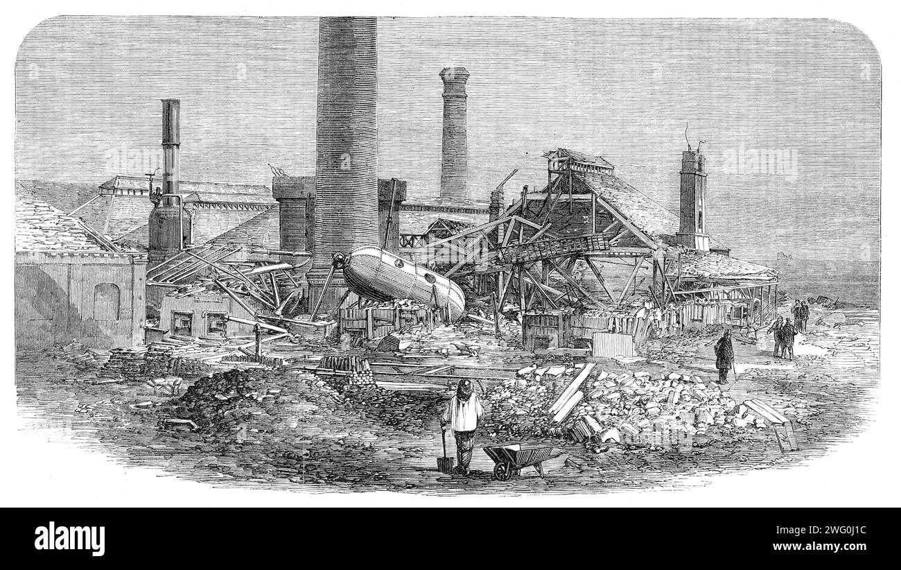 Scene of the boiler explosion at Millfield Ironworks, near Wolverhampton, 1862. Engraving from a photograph by W. H. Dodds, photographer, Railway-street, Wolverhampton. The works were blown to atoms, huge fragments being strewed in all directions. An immense boiler, raised from its bed, was hurled high in air...[and]was driven through the forge in three different directions, tearing down the iron pillars which supported the roof...the brickwork and masonry of the furnaces, with their contents of molten iron and the burning coals from their fires, completed the catastrophe. Men fell bleeding an Stock Photo