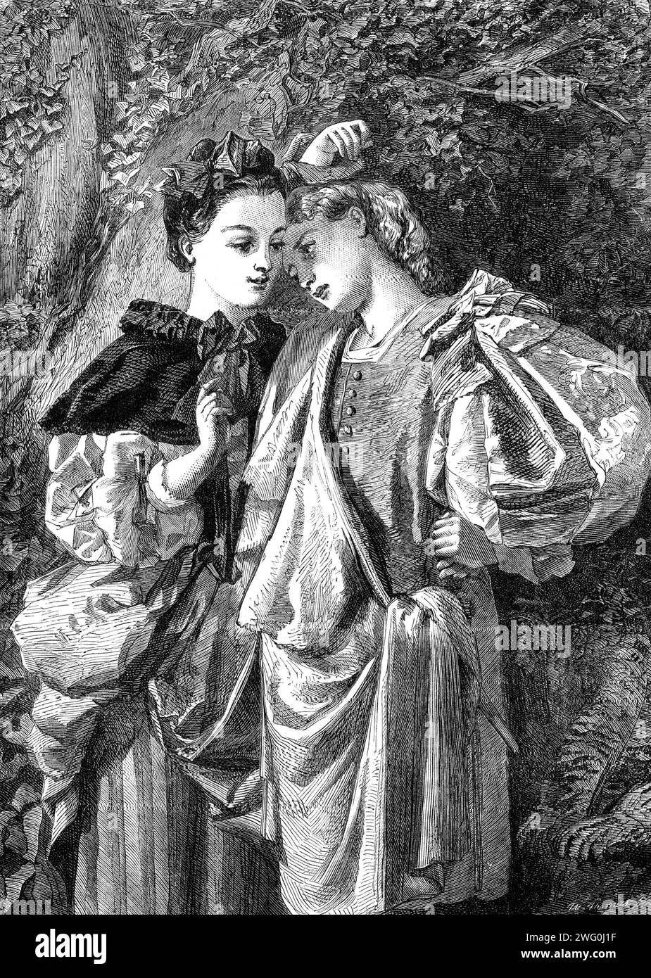 &quot;Rosalind and Celia&quot; (&quot;As You Like It&quot;, by Miss Edwards in the Exhibition of the Society of British Artists, 1862. Engraving of a painting '...by a lady previously unknown to fame...Poor Rosalind! So fair and feminine...she should never have assumed the male attire...she makes...a very a sorry page. Her sprightly, witty companion may well banter her upon her effeminacy...The pretty runaways should, at all events, change their costumes...We think that the almost querulous plaints of the tenderhearted lovelorn maiden, her yearning for some casual word of comfort from her kind Stock Photo