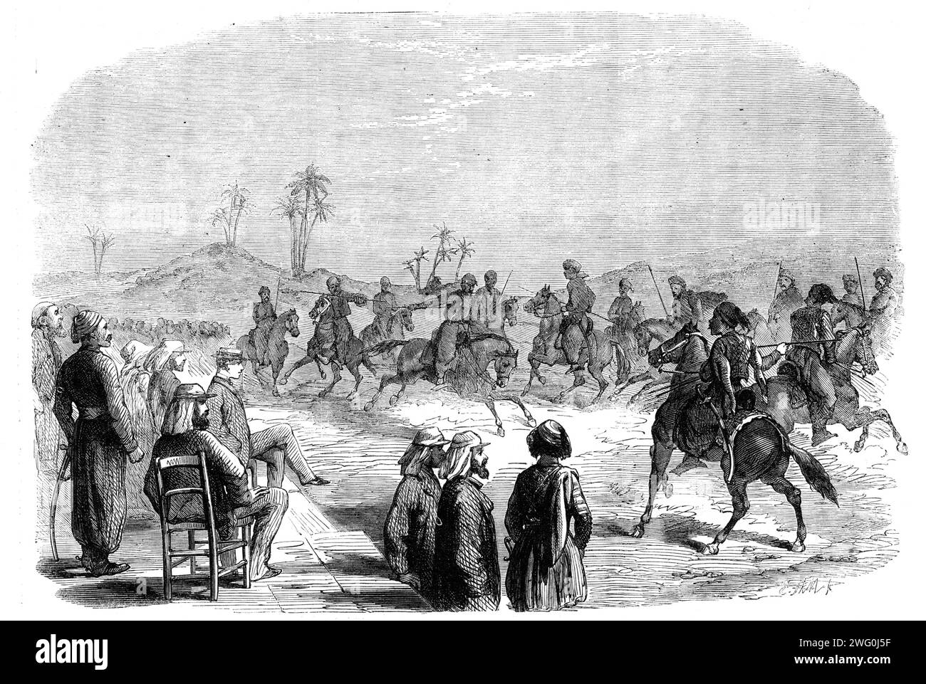 The Prince of Wales in Egypt: Jereed exercise performed by arnouts and arab chiefs before His Royal Highness a the Governor's Palace, Assiout, 1862. The future King Edward VII in Africa. 'The Prince, on his return from Upper Egypt, stopped at Assiout and saw the jereed exercise performed by some Arnouts and Arab chiefs...The chieftains exhibited great proficiency in throwing the jereed (a light spear), and performed many feats of dexterity while their horses were at full gallop, sometimes dashing among each other in a movement like a wild dance, and going through all the operations of mimic wa Stock Photo
